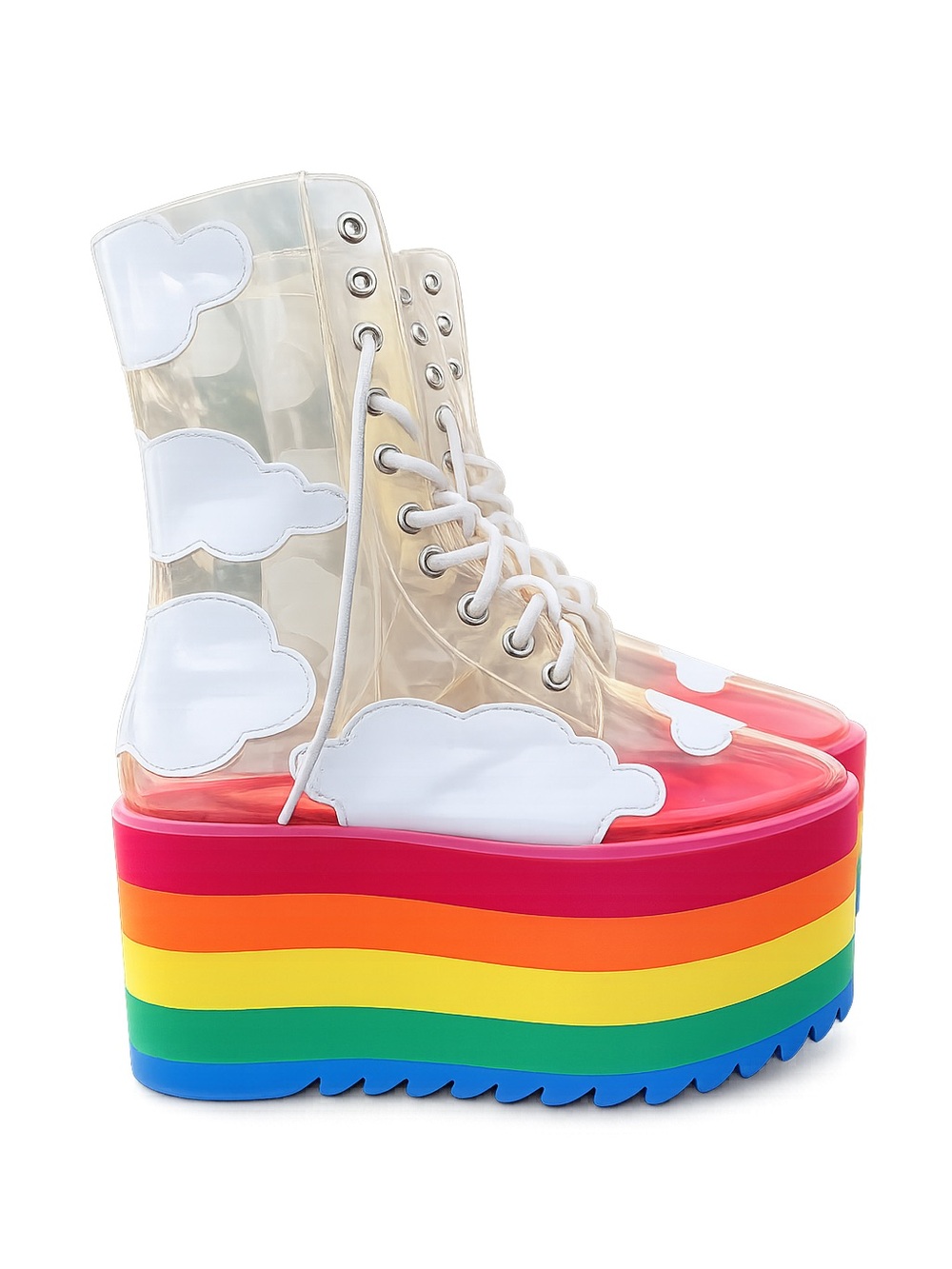 Current Mood Clear Lace-Up Platform Boots with White Clouds and Rainbow Sole
